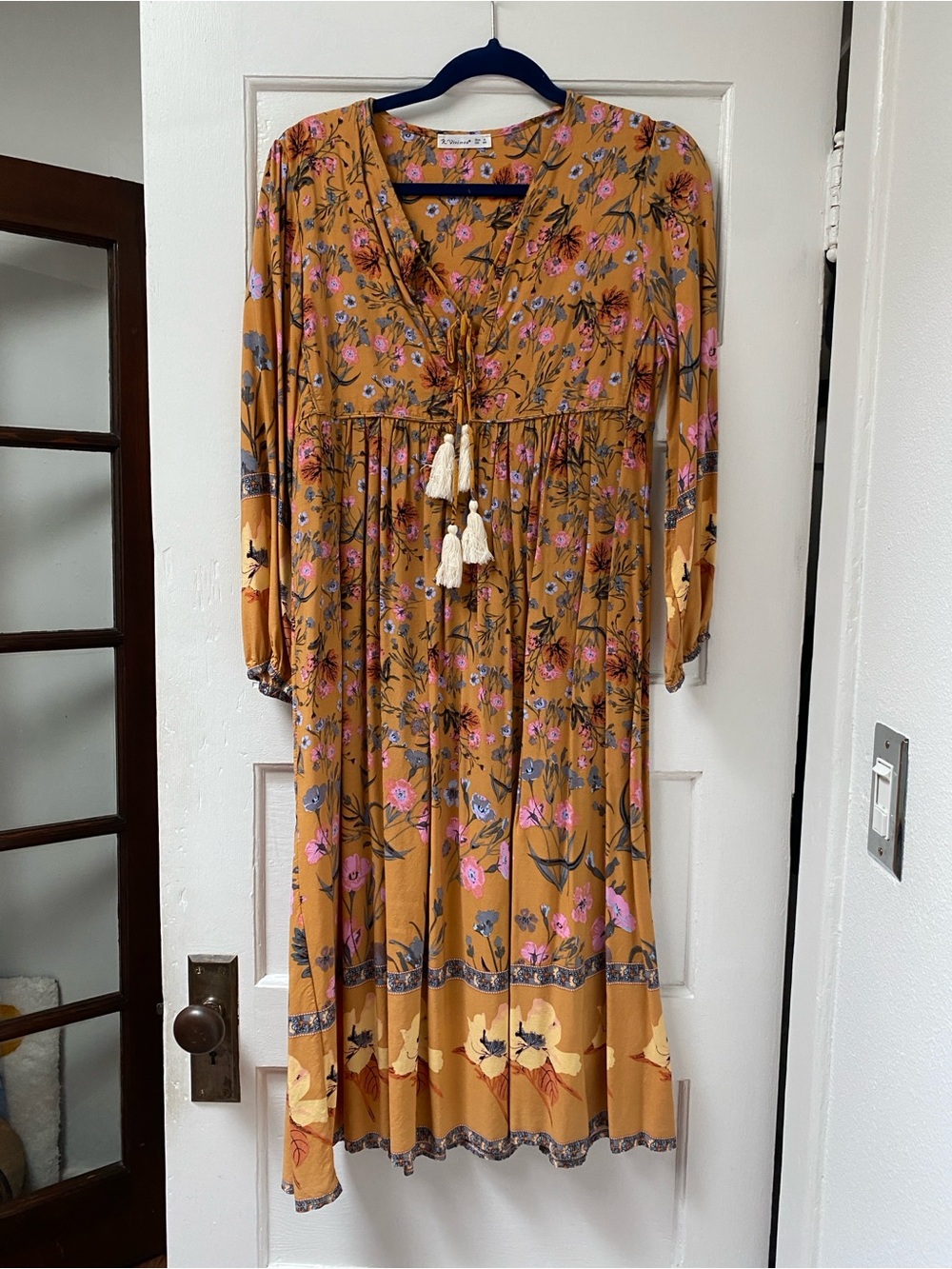 Boho Mustard Floral Tassel Midi Dress